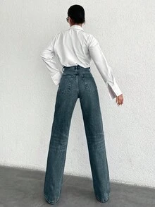 SHEIN Tall Tall High Waist Casual Straight Jean - Dusty Blue - View 2