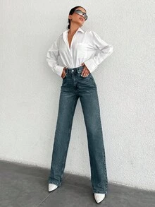 SHEIN Tall Tall High Waist Casual Straight Jean - Dusty Blue - View 6