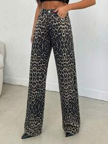 SHEIN Tall 100% Cotton MID RISE WIDEEG CUT LEOPARD TALL JEAN - Multicolor - View 4