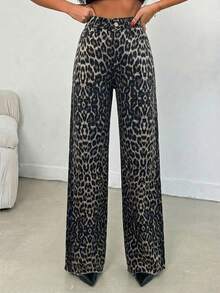 SHEIN Tall 100% Cotton MID RISE WIDEEG CUT LEOPARD TALL JEAN - Multicolor - View 2