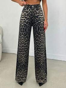 SHEIN Tall 100% Cotton MID RISE WIDEEG CUT LEOPARD TALL JEAN - Multicolor - View 5