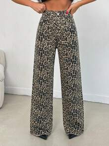 SHEIN Tall 100% Cotton MID RISE WIDEEG CUT LEOPARD TALL JEAN - Multicolor - View 5