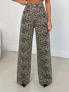 SHEIN Tall 100% Cotton MID RISE WIDEEG CUT LEOPARD TALL JEAN - Multicolor - View 6