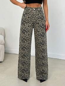 SHEIN Tall 100% Cotton MID RISE WIDEEG CUT LEOPARD TALL JEAN - Multicolor - View 4