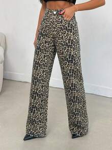 SHEIN Tall 100% Cotton MID RISE WIDEEG CUT LEOPARD TALL JEAN - Multicolor - View 3