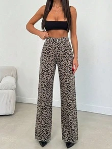 SHEIN Tall 100% Cotton MID RISE WIDEEG CUT LEOPARD TALL JEAN - Multicolor - View 6
