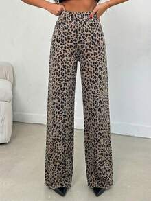 SHEIN Tall 100% Cotton MID RISE WIDEEG CUT LEOPARD TALL JEAN - Multicolor - View 5