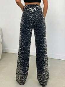 SHEIN Tall 100% Cotton MID RISE WIDEEG CUT LEOPARD TALL JEAN - Multicolor - View 2