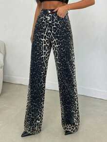 SHEIN Tall 100% Cotton MID RISE WIDEEG CUT LEOPARD TALL JEAN - Multicolor - View 4