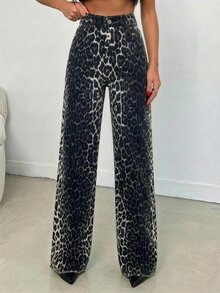 SHEIN Tall 100% Cotton MID RISE WIDEEG CUT LEOPARD TALL JEAN - Multicolor - View 3