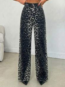 SHEIN Tall 100% Cotton MID RISE WIDEEG CUT LEOPARD TALL JEAN - Multicolor - View 6