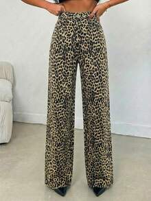 SHEIN Tall 100% Cotton MID RISE WIDEEG CUT LEOPARD TALL JEAN - Multicolor - View 4