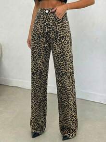 SHEIN Tall 100% Cotton MID RISE WIDEEG CUT LEOPARD TALL JEAN - Multicolor - View 5