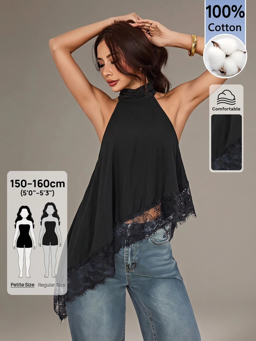SHEIN PETITE Women's Solid Color Contrast Lace Asymmetrical Hem Fashion Halter Top - Black - View 1