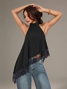 SHEIN PETITE 女款素色對比蕾絲不對稱下擺時尚掛脖上衣 - 黑色 - 查看 8
