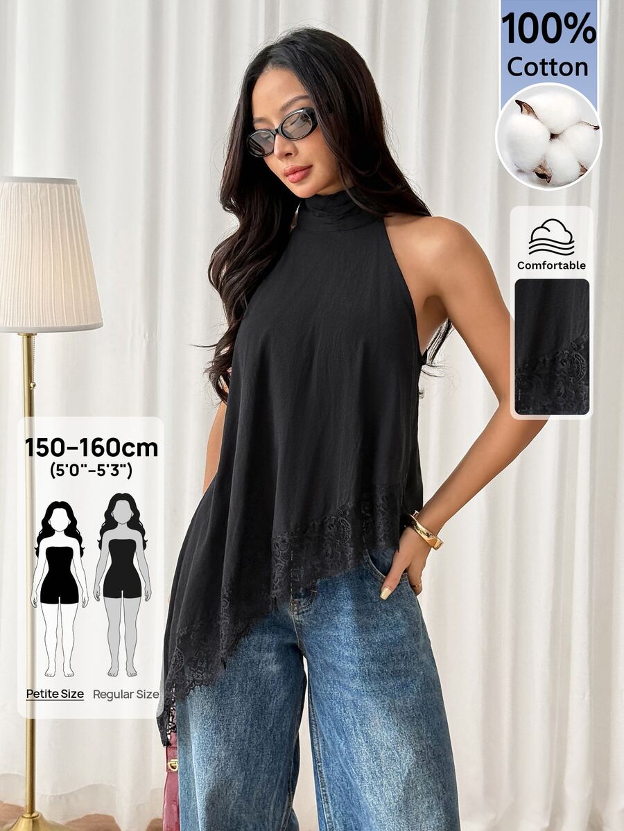 SHEIN PETITE 女款素色對比蕾絲不對稱下擺時尚掛脖上衣 - 黑色 - 查看 1