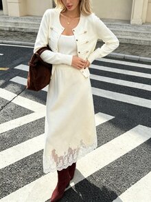 SHEIN PariChic 女款秋冬純色針織高腰優雅蕾絲拼接A字喇叭裙 - 杏色 - 查看 7