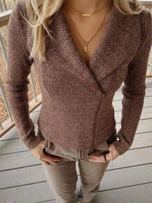 DAZY Women's Solid Color Long Sleeve Zipper Front Casual T-Shirt Autumn Brunch Coffee Brown - Brown - View 5