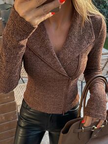 DAZY Women's Solid Color Long Sleeve Zipper Front Casual T-Shirt Autumn Brunch Coffee Brown - Brown - View 8