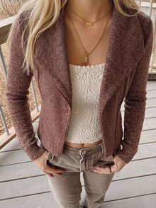 DAZY Women's Solid Color Long Sleeve Zipper Front Casual T-Shirt Autumn Brunch Coffee Brown - Brown - View 4