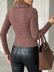 DAZY Women's Solid Color Long Sleeve Zipper Front Casual T-Shirt Autumn Brunch Coffee Brown - Brown - View 7