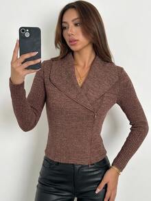 DAZY Women's Solid Color Long Sleeve Zipper Front Casual T-Shirt Autumn Brunch Coffee Brown - Brown - View 3
