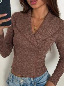 DAZY Women's Solid Color Long Sleeve Zipper Front Casual T-Shirt Autumn Brunch Coffee Brown - Brown - View 2