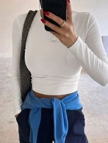 DAZY 女款純色休閒短版修身內搭T恤 - 白色 - 查看 3