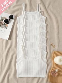 SHEIN 3 piezas de camisetas de tirantes casuales de unicolor con textura acanalada para niñas preadolescentes - Blanco - Ver 1