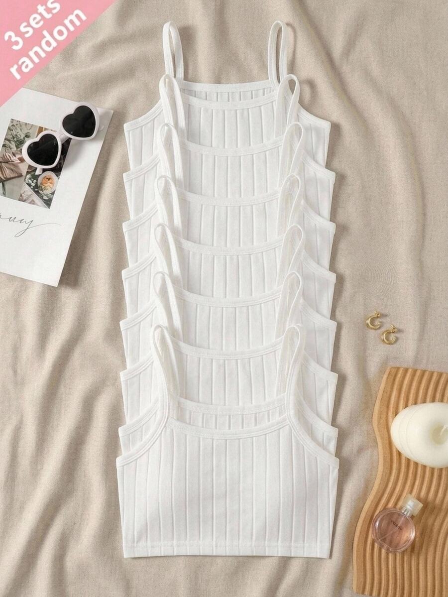 SHEIN 3 piezas de camisetas de tirantes casuales de unicolor con textura acanalada para niñas preadolescentes - Blanco - Ver 1
