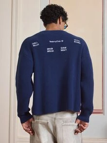 Vientiro 男士时尚宽松刺绣圆领长袖毛衣，秋冬 - 藏蓝色 - 查看 5