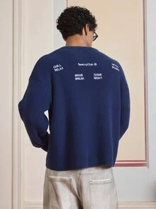 Vientiro 男士时尚宽松刺绣圆领长袖毛衣，秋冬 - 藏蓝色 - 查看 2