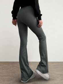 Solid High Waist Flare Leg Trousers - Dark Grey - View 2