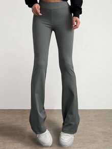 Solid High Waist Flare Leg Trousers - Dark Grey - View 5