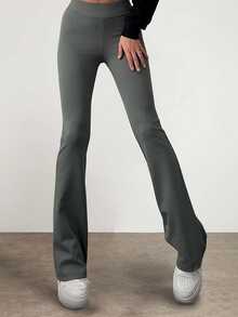 Solid High Waist Flare Leg Trousers - Dark Grey - View 4