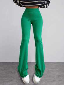 Solid Flare Leg Pants - Green - View 5