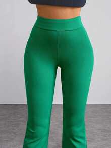 Solid Flare Leg Pants - Green - View 4