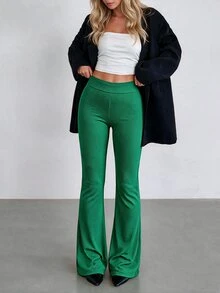 Solid Flare Leg Pants - Green - View 3