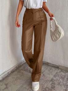 Cloudara Seam Detail Straight Leg PU Pants - Brown - View 4