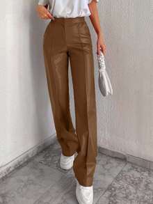 Cloudara Seam Detail Straight Leg PU Pants - Brown - View 6