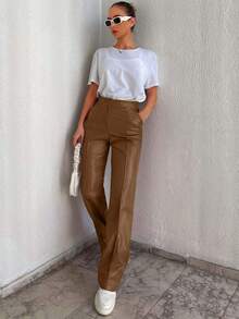 Cloudara Seam Detail Straight Leg PU Pants - Brown - View 5