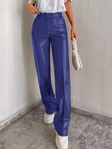 SHEIN Cottnline Seam Front Straight Leg Pants - Blue - View 6
