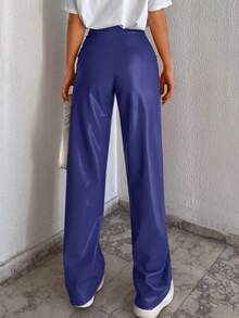 SHEIN Cottnline Seam Front Straight Leg Pants - Blue - View 2