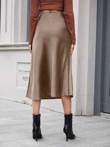 EURMUSE Women's Elegant Solid Color High Waist Skirt, Suitable For Commuting - Apricot - View 2