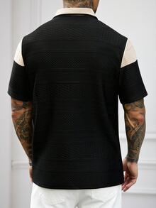 Manfinity CasualCool 男士夏季休閒拼色拼接短袖 Polo 衫 - 黑色 - 查看 2