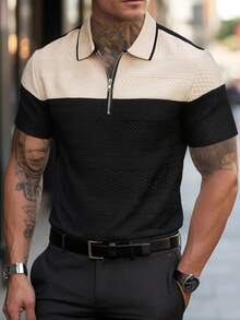 Manfinity CasualCool 男士夏季休閒拼色拼接短袖 Polo 衫 - 黑色 - 查看 5