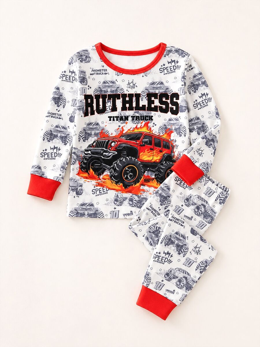 Baby Boy Random 1set Cartoon Graphic Contrast Binding Pajamas Set - White - View 1