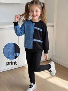SHEIN 幼女幼童秋冬款拼色藍黑數位印花落肩運動衫＋羅紋內搭褲 2 件式休閒運動套裝 - 黑色 - 查看 7