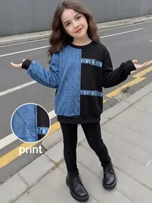 SHEIN 幼女幼童秋冬款拼色藍黑數位印花落肩運動衫＋羅紋內搭褲 2 件式休閒運動套裝 - 黑色 - 查看 5