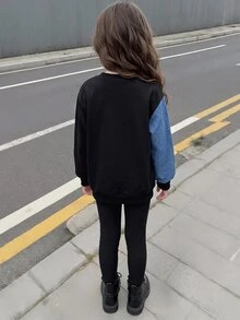 SHEIN 幼女幼童秋冬款拼色藍黑數位印花落肩運動衫＋羅紋內搭褲 2 件式休閒運動套裝 - 黑色 - 查看 3